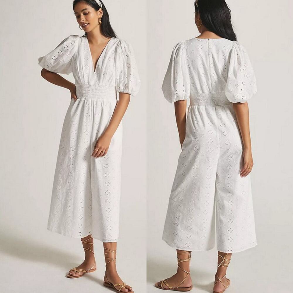 NWT Anthropologie Hutch Smocked Waist White Eyelet Embroidered Jumpsuit Small